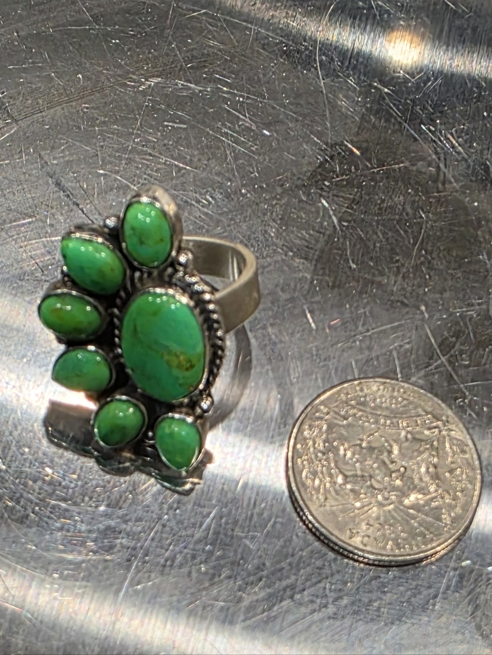 Artisan Green Turquoise Sterling Silver Cluster Ring Sz 8 Adjustable 10g - Picture 7 of 8